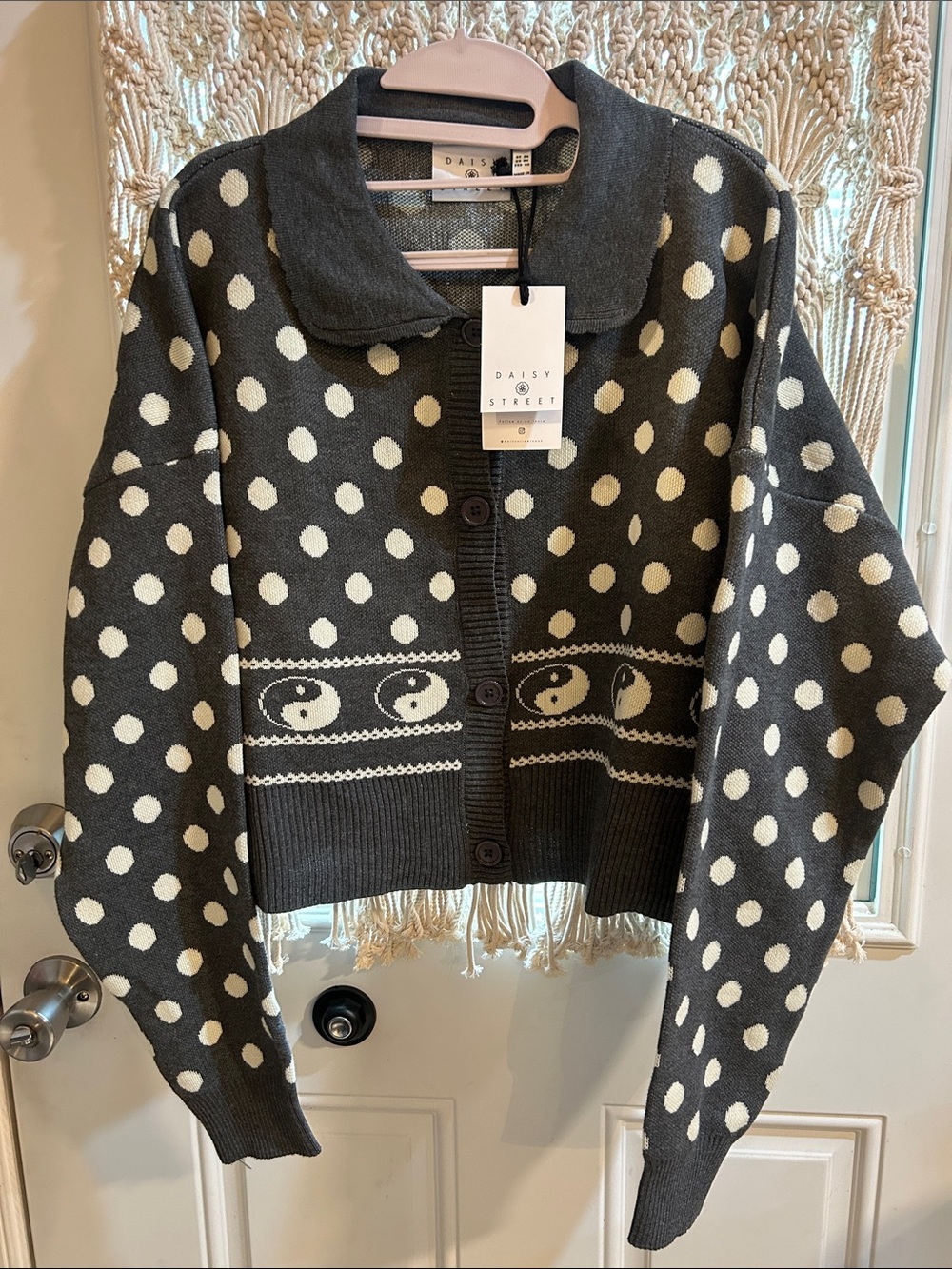 Daisy Street Gray & Cream Polka Dot Knit cropped Cardigan